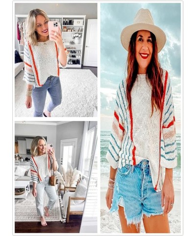 Womens 2024 Cute Summer Fall Color Block Striped Lightweight Comfy Cable Knit Beach Pullover Sweaters 0 White $17.21 Sweaters