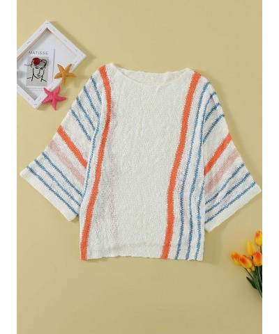 Womens 2024 Cute Summer Fall Color Block Striped Lightweight Comfy Cable Knit Beach Pullover Sweaters 0 White $17.21 Sweaters