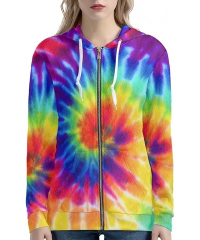 Women Zip Up Hoodies Casual Oversized Long Sleeve Jacket Loose Drawstring Sweatshirt with Pockets Rainbow Tie Dye $16.37 Hood...