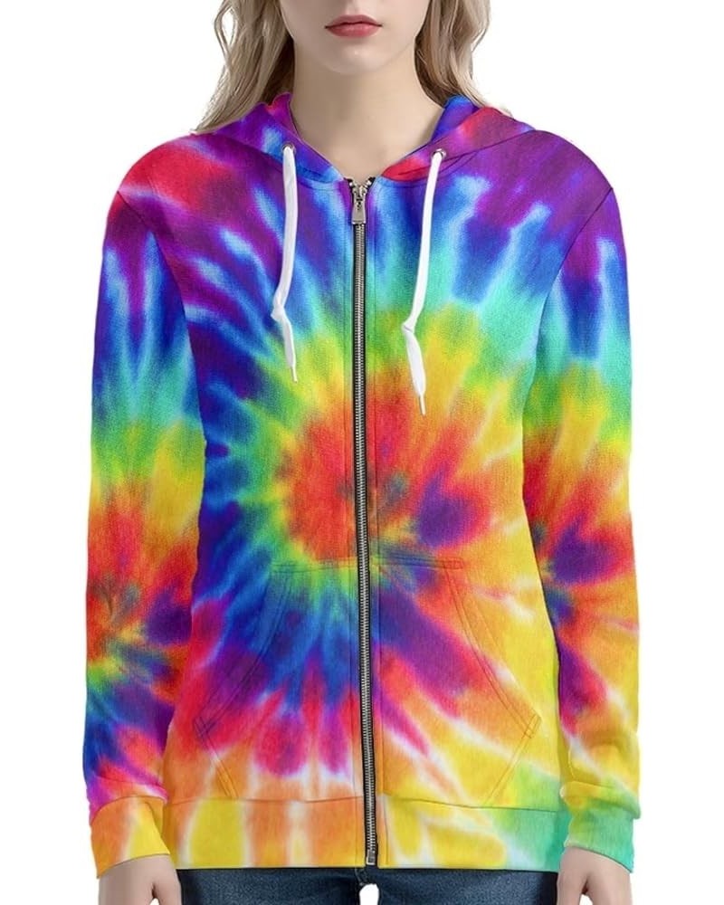 Women Zip Up Hoodies Casual Oversized Long Sleeve Jacket Loose Drawstring Sweatshirt with Pockets Rainbow Tie Dye $16.37 Hood...