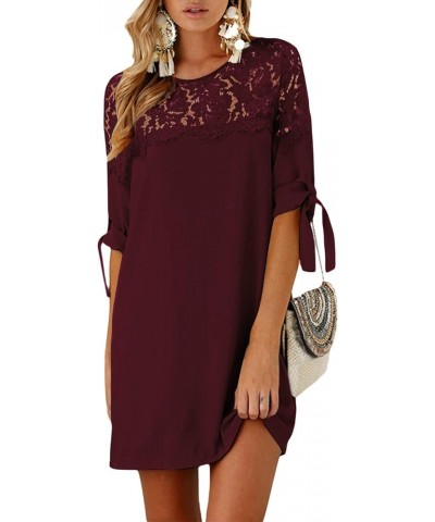 Summer Dresses for Women Short Sleeves T Shirts Solid Crew Neck Tunics Self-tie Blouses Mini Dresses Lace-wine Red $21.99 Dre...