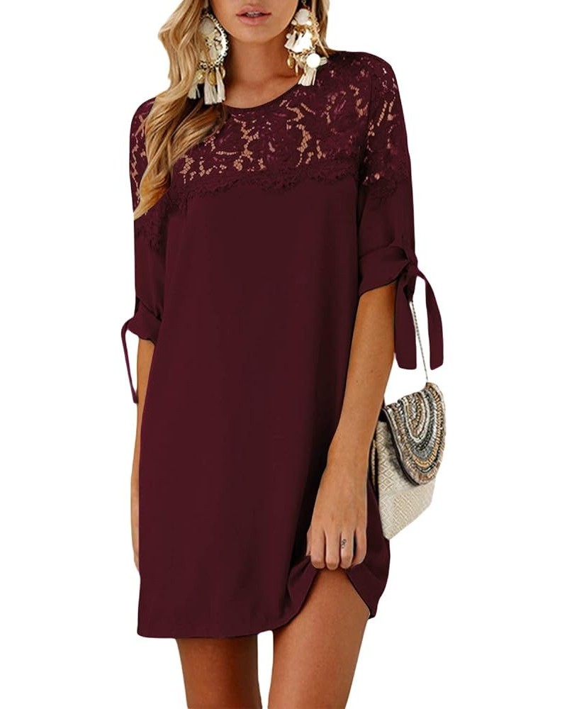 Summer Dresses for Women Short Sleeves T Shirts Solid Crew Neck Tunics Self-tie Blouses Mini Dresses Lace-wine Red $21.99 Dre...