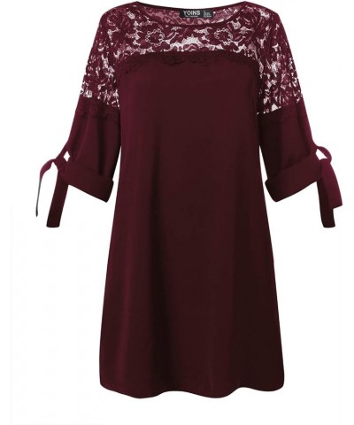 Summer Dresses for Women Short Sleeves T Shirts Solid Crew Neck Tunics Self-tie Blouses Mini Dresses Lace-wine Red $21.99 Dre...