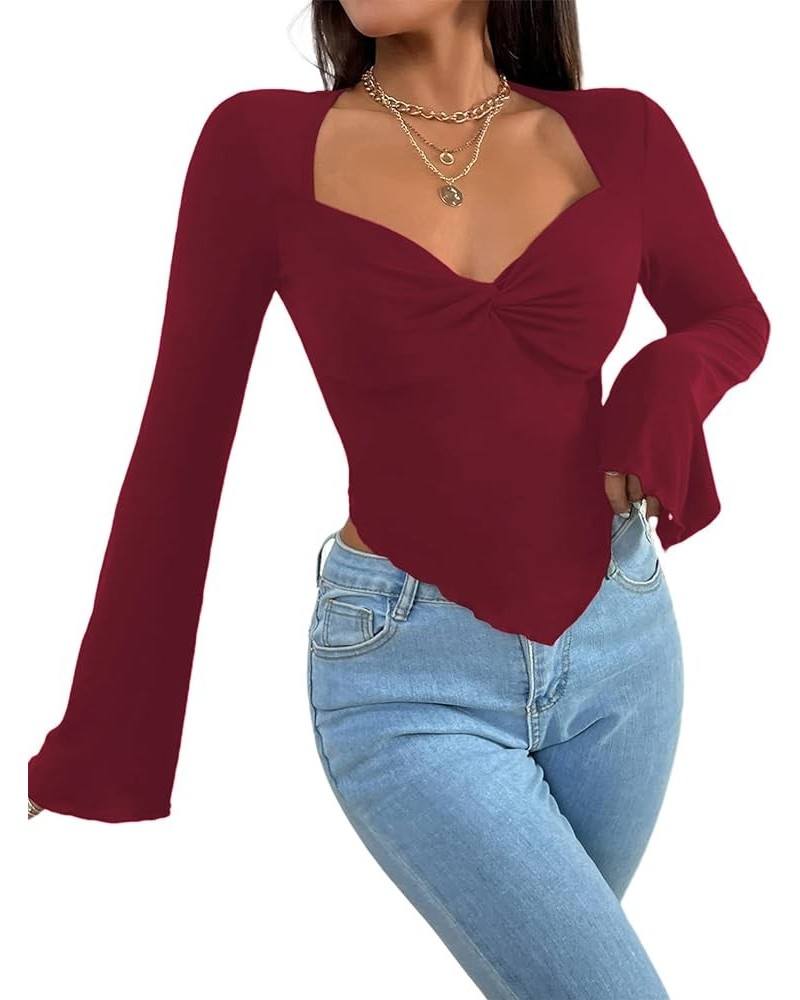 Women's Long Sleeve Square Neck Crop Top Twist Front Asymmetrical Shirt Burgundy a $13.49 T-Shirts