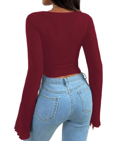 Women's Long Sleeve Square Neck Crop Top Twist Front Asymmetrical Shirt Burgundy a $13.49 T-Shirts