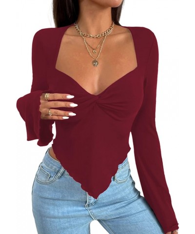 Women's Long Sleeve Square Neck Crop Top Twist Front Asymmetrical Shirt Burgundy a $13.49 T-Shirts