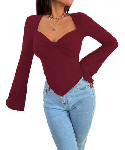 Women's Long Sleeve Square Neck Crop Top Twist Front Asymmetrical Shirt Burgundy a $13.49 T-Shirts