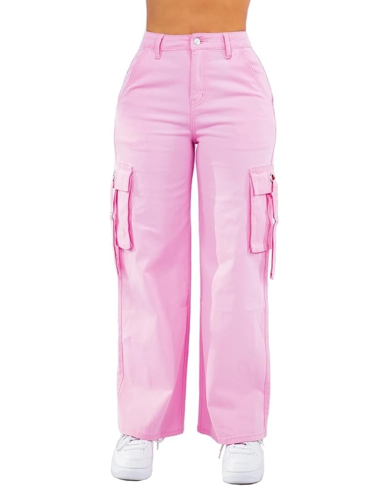 Women's Trendy Wide Bottom Twill Cargo Pants with Spandex Pink Rjh20697 $20.64 Others