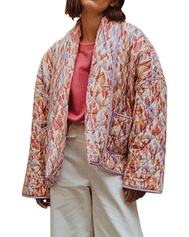 Women's Cropped Puffer Jacket Vintage Floral Print Quilted Open Front Padded Lightweight Cardigan Coat Outwear B Floral Pink ...