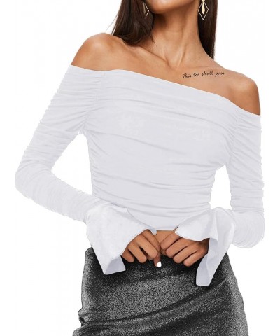 Women's Sexy Off The Shoulder Tops Flounce Long Sleeve Ruched T Shirts White $10.50 T-Shirts