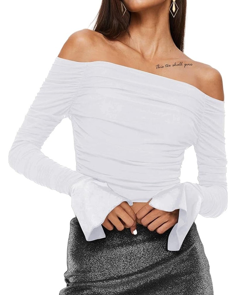 Women's Sexy Off The Shoulder Tops Flounce Long Sleeve Ruched T Shirts White $10.50 T-Shirts