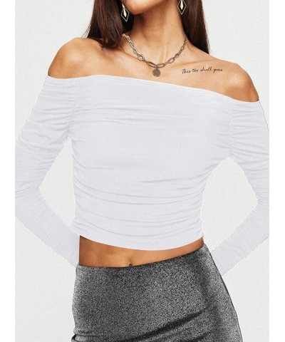 Women's Sexy Off The Shoulder Tops Flounce Long Sleeve Ruched T Shirts White $10.50 T-Shirts