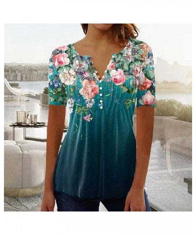 Button Down Tops for Women Summer Casual Short Sleeve Tunic V Neck Printed Shirts Flare Elastic Blouses Green5 $8.69 Activewear