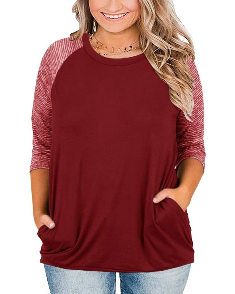 Womens Tops Plus Size Raglan Shirt 3/4 Sleeve Short Sleeve Striped Crew Neck Tshirt Tunic with Pockets B-wine Red $13.84 T-Sh...