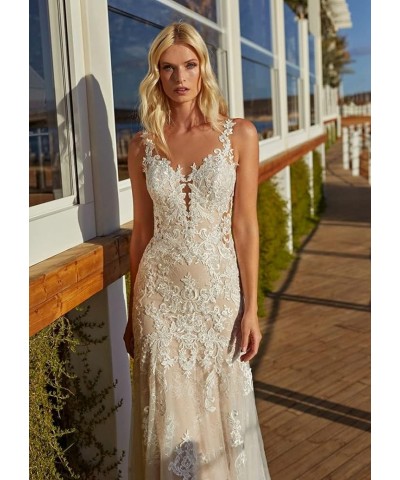 Lace Beach Boho Wedding Dresses for Bride 2023 Long Bohemian Mermaid Bridal Gowns for Women MR46 L-champagne $70.95 Dresses