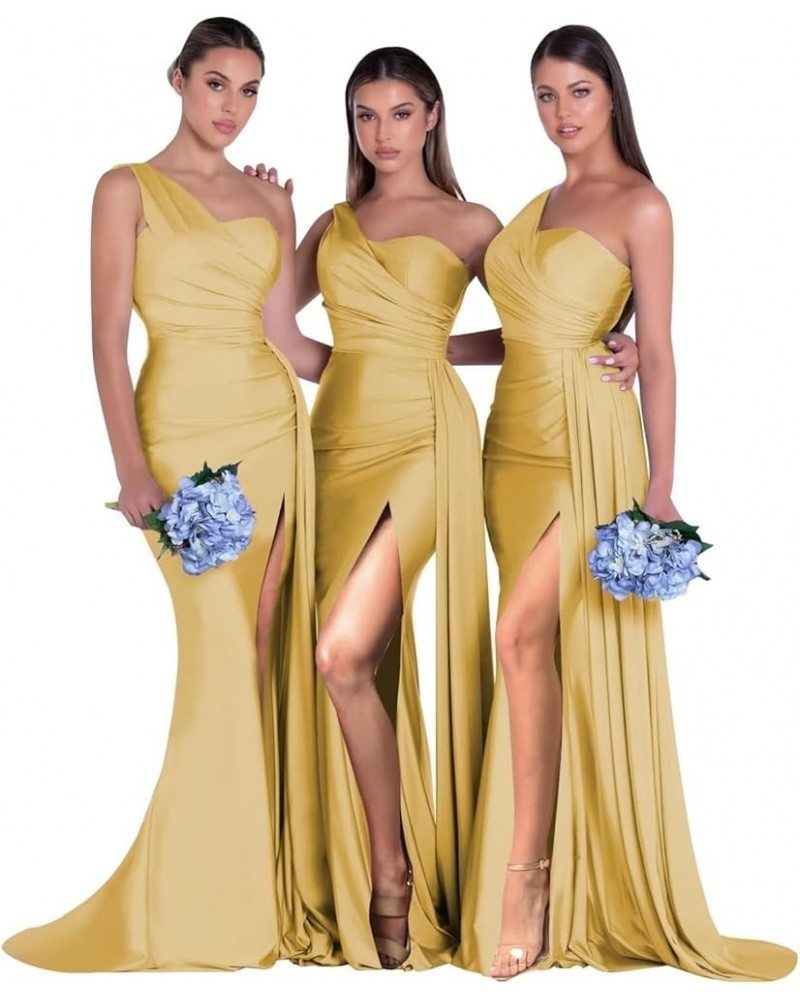 One Shoulder Mermaid Bridesmaid Dresses for Wedding Long Ruched Bodycon Prom Evening Party Gowns with Slit Gold $30.00 Dresses