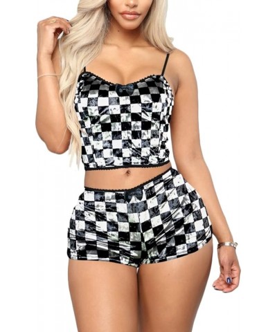 Women Sexy Strappy Babydoll Lingerie Satin Pajama Set Camisole with Shorts 2 Piece Sleepwear X-plaid Black $12.50 Sleep & Lounge