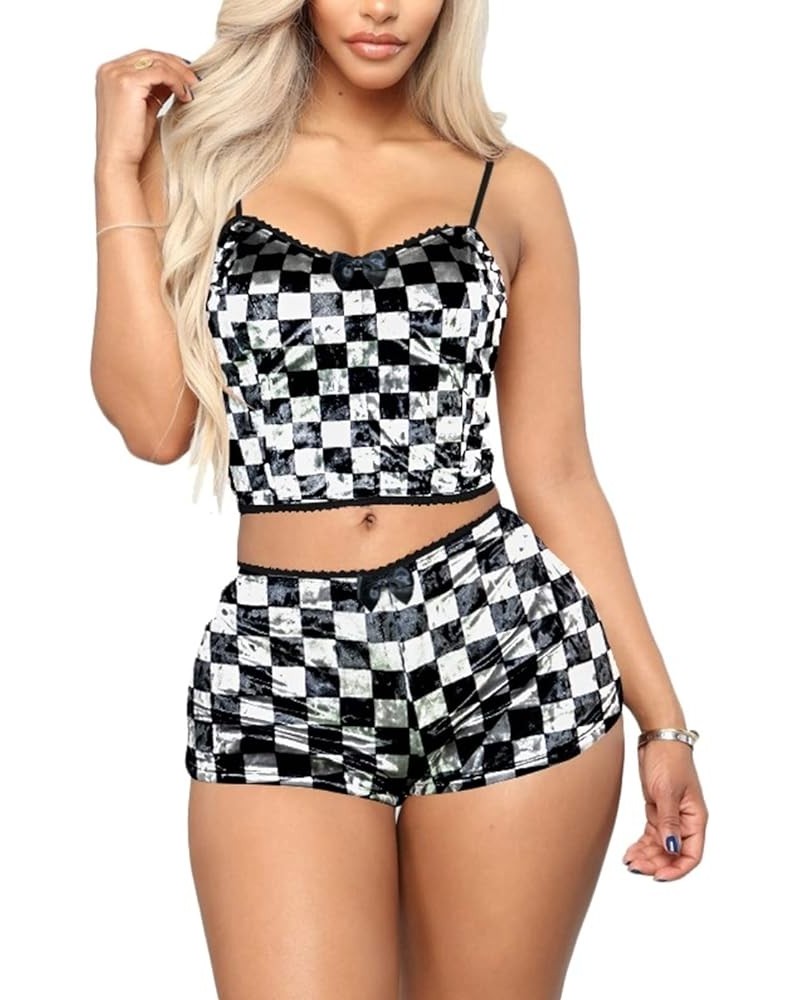 Women Sexy Strappy Babydoll Lingerie Satin Pajama Set Camisole with Shorts 2 Piece Sleepwear X-plaid Black $12.50 Sleep & Lounge