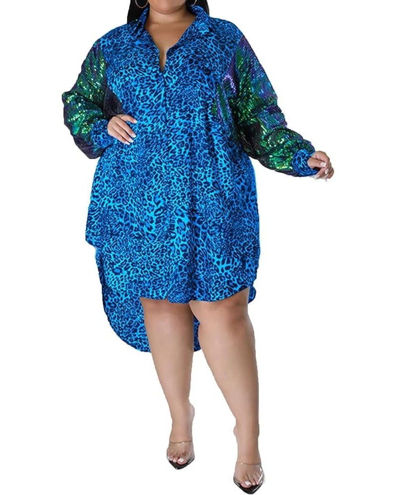 Women's Plus Size Cute Loose Leopard Sequin Long Sleeve High Low Tops Lapel V Neck Party Midi Dress Blue $12.00 Dresses