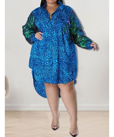 Women's Plus Size Cute Loose Leopard Sequin Long Sleeve High Low Tops Lapel V Neck Party Midi Dress Blue $12.00 Dresses