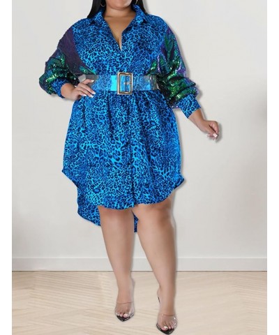 Women's Plus Size Cute Loose Leopard Sequin Long Sleeve High Low Tops Lapel V Neck Party Midi Dress Blue $12.00 Dresses