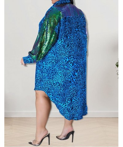 Women's Plus Size Cute Loose Leopard Sequin Long Sleeve High Low Tops Lapel V Neck Party Midi Dress Blue $12.00 Dresses