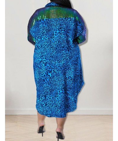 Women's Plus Size Cute Loose Leopard Sequin Long Sleeve High Low Tops Lapel V Neck Party Midi Dress Blue $12.00 Dresses