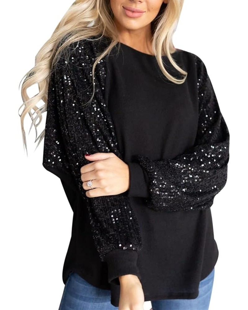 Women Loose Sequin Glitter Long Puff Sleeve Shirts Casual Patchwork Blouse Top Black $16.11 Blouses