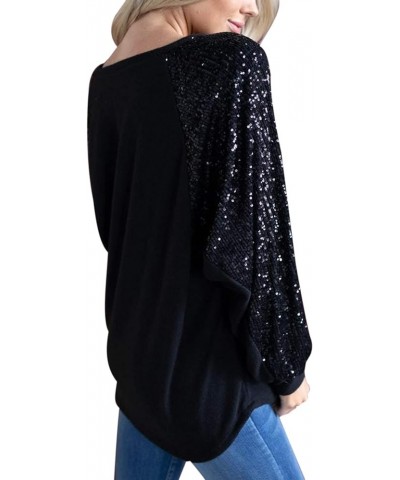 Women Loose Sequin Glitter Long Puff Sleeve Shirts Casual Patchwork Blouse Top Black $16.11 Blouses