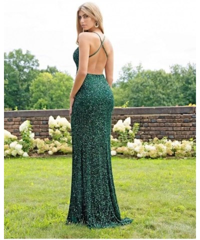 Women's Sequin Prom Dresses with Slit Long Mermaid Spaghetti Straps Evening Formal Dresses Backless Plum $36.55 Dresses