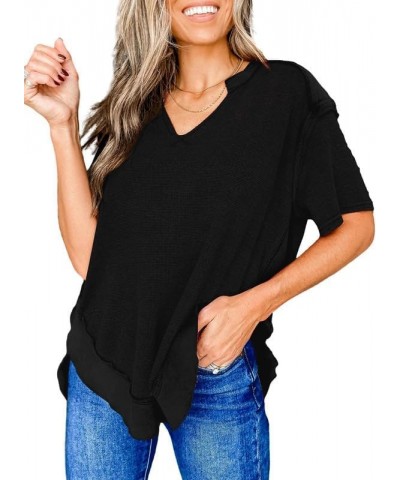 Women's Fashion Oversized T Shirts Casual Short Sleeve Henley Neck Summer Tops Tees Black $15.29 T-Shirts