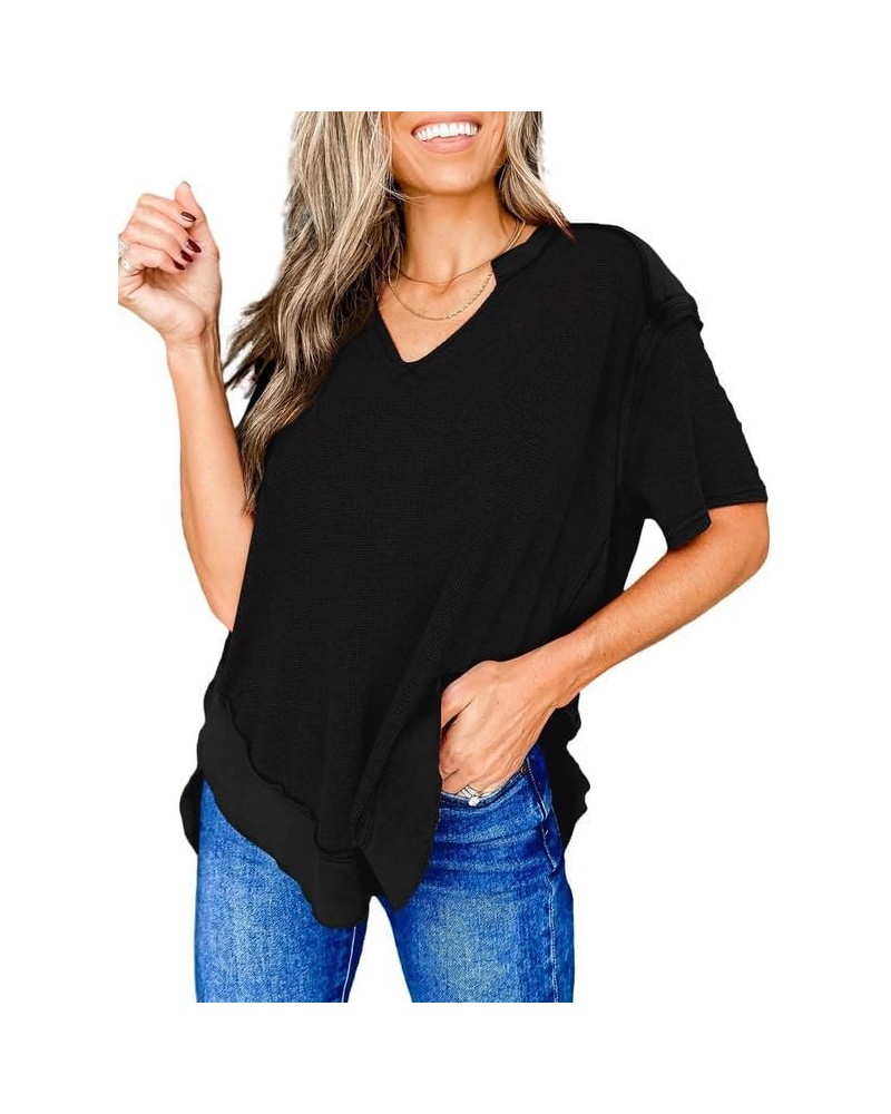 Women's Fashion Oversized T Shirts Casual Short Sleeve Henley Neck Summer Tops Tees Black $15.29 T-Shirts