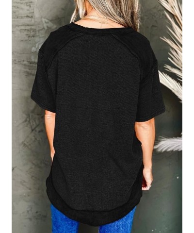 Women's Fashion Oversized T Shirts Casual Short Sleeve Henley Neck Summer Tops Tees Black $15.29 T-Shirts