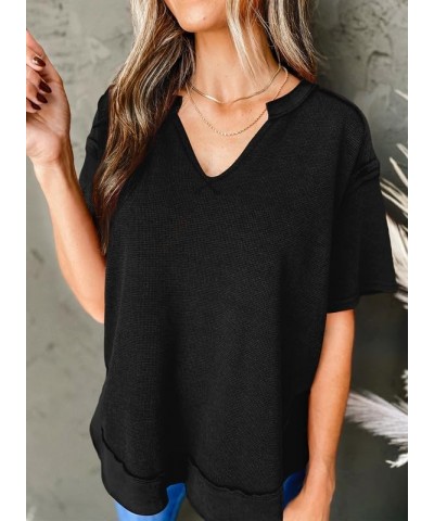 Women's Fashion Oversized T Shirts Casual Short Sleeve Henley Neck Summer Tops Tees Black $15.29 T-Shirts