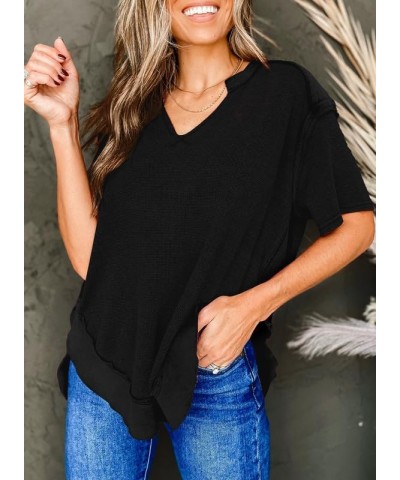 Women's Fashion Oversized T Shirts Casual Short Sleeve Henley Neck Summer Tops Tees Black $15.29 T-Shirts