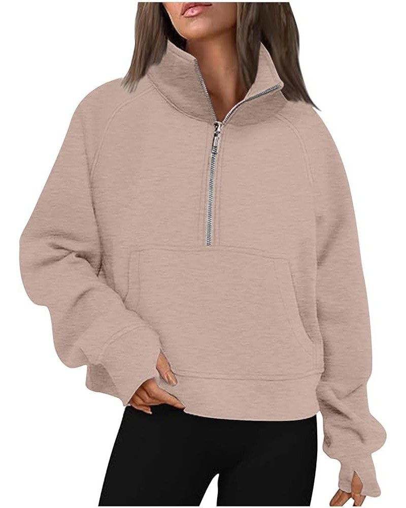 Half Zip Sweatshirts for Women Cropped Long Sleeve Casual Pullover Sweaters Solid Workout Fall Clothes Outfits Khaki 4 $8.74 ...