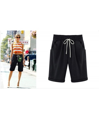 Bermuda Shorts for Women Knee Length Plus Size Casual Summer Loose Fit Cotton Shorts Elastic Waist Shorts with Pockets 01-bla...