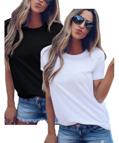 Women's Crew Neck Short Sleeve Loose T-Shirt Basic Casual Solid Fitted Cotton Top 116-2packs-white+black/O-neck $16.34 T-Shirts