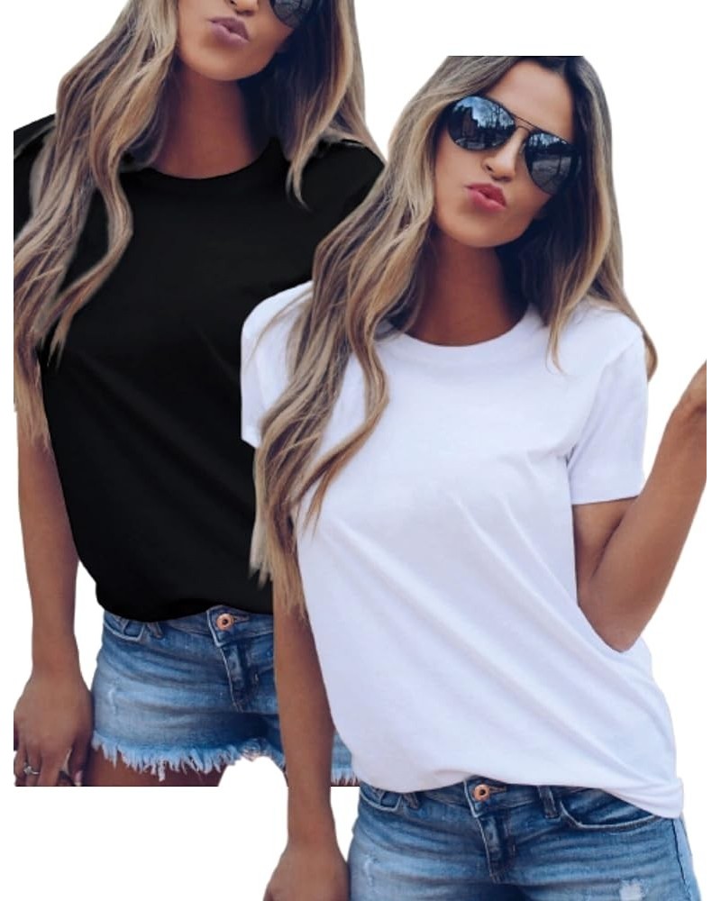 Women's Crew Neck Short Sleeve Loose T-Shirt Basic Casual Solid Fitted Cotton Top 116-2packs-white+black/O-neck $16.34 T-Shirts