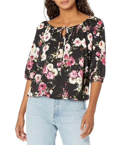 Women's Elbow-Sleeve Peasant Top with Keyhole Tie Floral Print $12.02 T-Shirts