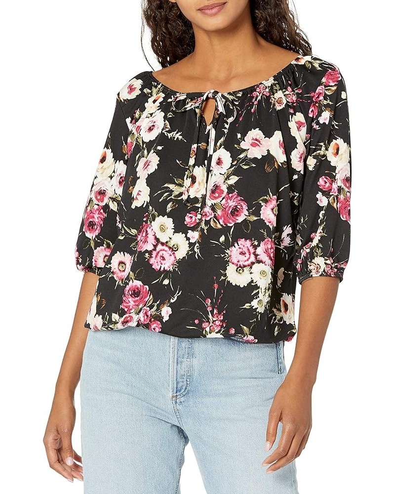 Women's Elbow-Sleeve Peasant Top with Keyhole Tie Floral Print $12.02 T-Shirts