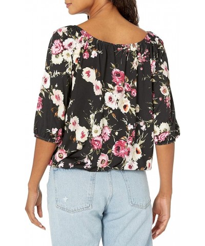 Women's Elbow-Sleeve Peasant Top with Keyhole Tie Floral Print $12.02 T-Shirts