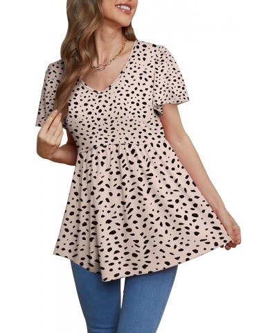 Women Ruffle Short Sleeve V Neck Oversized Shirt Tunic Babydoll Tops 03c-beige Dot $14.08 Tops