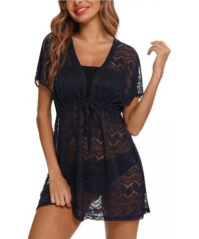 Women's Bathing Suit Cover Ups 2024 Summer Sexy Swimwear Beach Bikini Coverup Dresses Dark Blue $17.39 Swimsuits