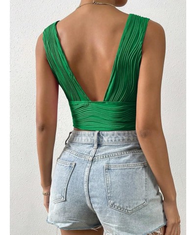 Women's Solid Deep V Neck Backless Crop Top Sleeveless Slim Fit Textured Tank Top Summer Dark Green $12.00 Tanks