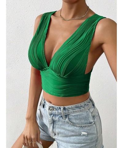 Women's Solid Deep V Neck Backless Crop Top Sleeveless Slim Fit Textured Tank Top Summer Dark Green $12.00 Tanks