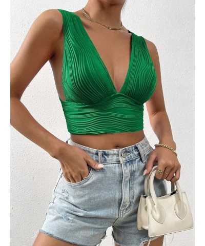 Women's Solid Deep V Neck Backless Crop Top Sleeveless Slim Fit Textured Tank Top Summer Dark Green $12.00 Tanks