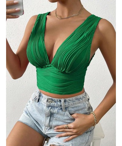 Women's Solid Deep V Neck Backless Crop Top Sleeveless Slim Fit Textured Tank Top Summer Dark Green $12.00 Tanks