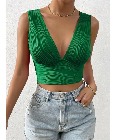 Women's Solid Deep V Neck Backless Crop Top Sleeveless Slim Fit Textured Tank Top Summer Dark Green $12.00 Tanks