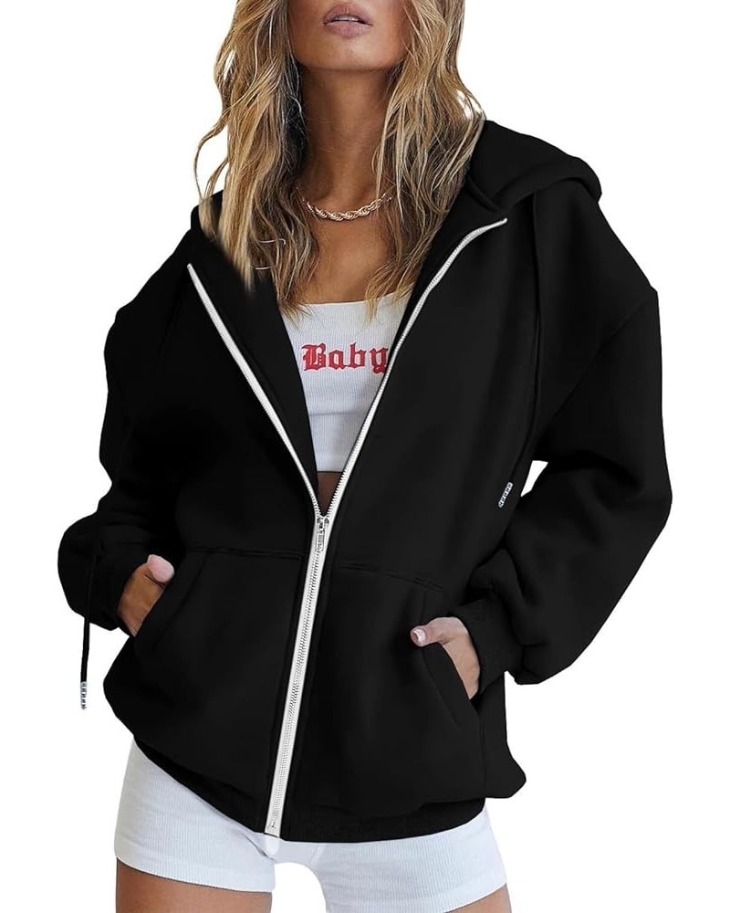 Womens Cute Hoodies Teen Girl Fall Jacket Oversized Sweatshirts Casual Drawstring Zip Up Y2K Hoodie with Pocket B16-black $2....